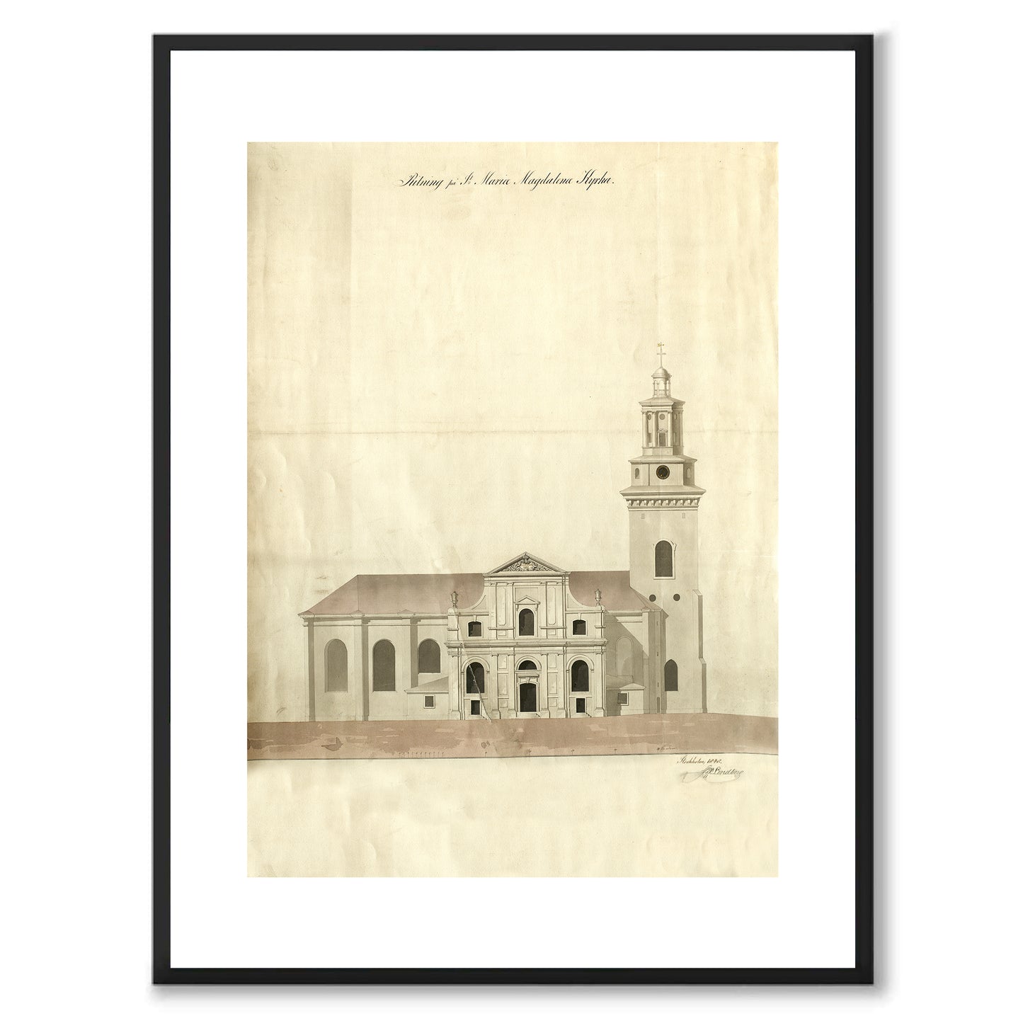 Poster ritning Maria Magdalena kyrka Mariakyrkan Södermalm Stockholm Mariatorget