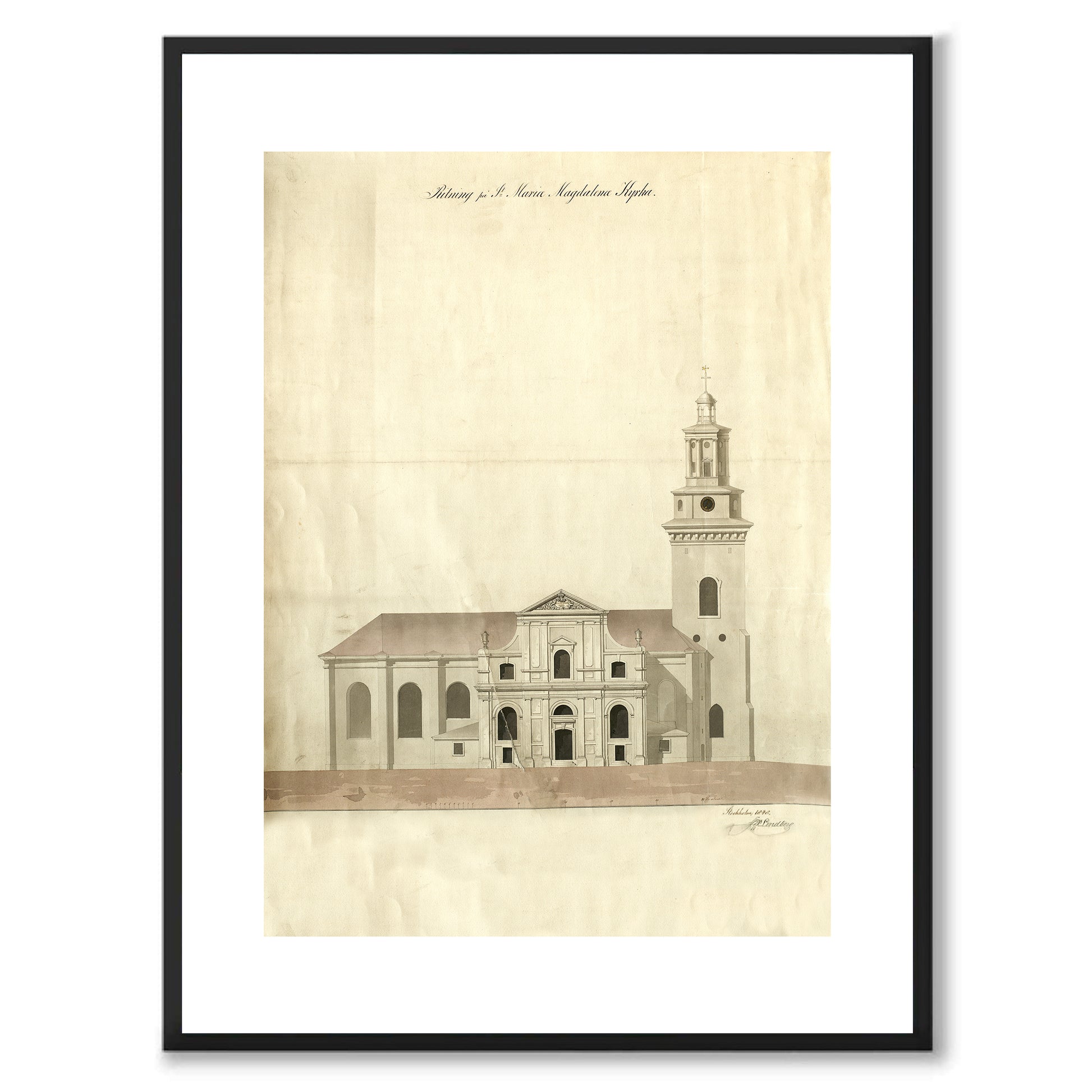 Poster ritning Maria Magdalena kyrka Mariakyrkan Södermalm Stockholm Mariatorget