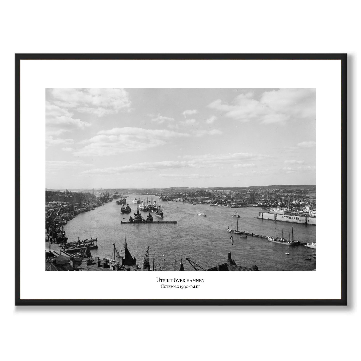 Poster fotografi utsikt hamnen Göteborg 1930-tal Götaverken Masthugget lyftkranar