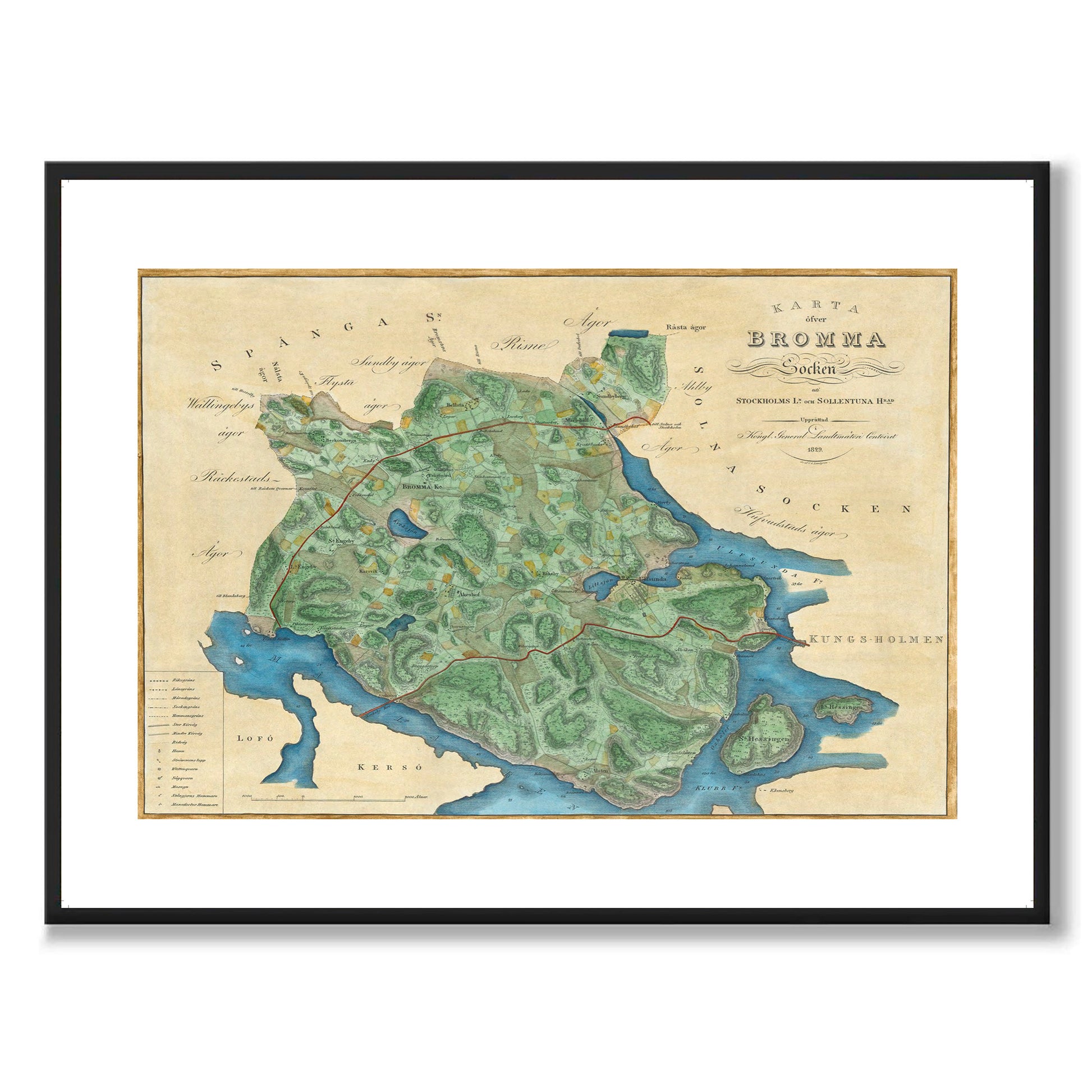 Poster historisk karta över Bromma 1829