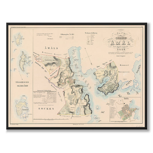 Poster med reproduktion av historisk karta över Åmål från Ljunggrens klassiska atlas