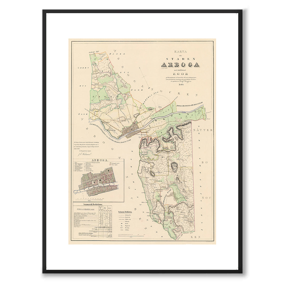 Poster med reproduktion av historisk karta över Arboga från Ljunggrens klassiska atlas.