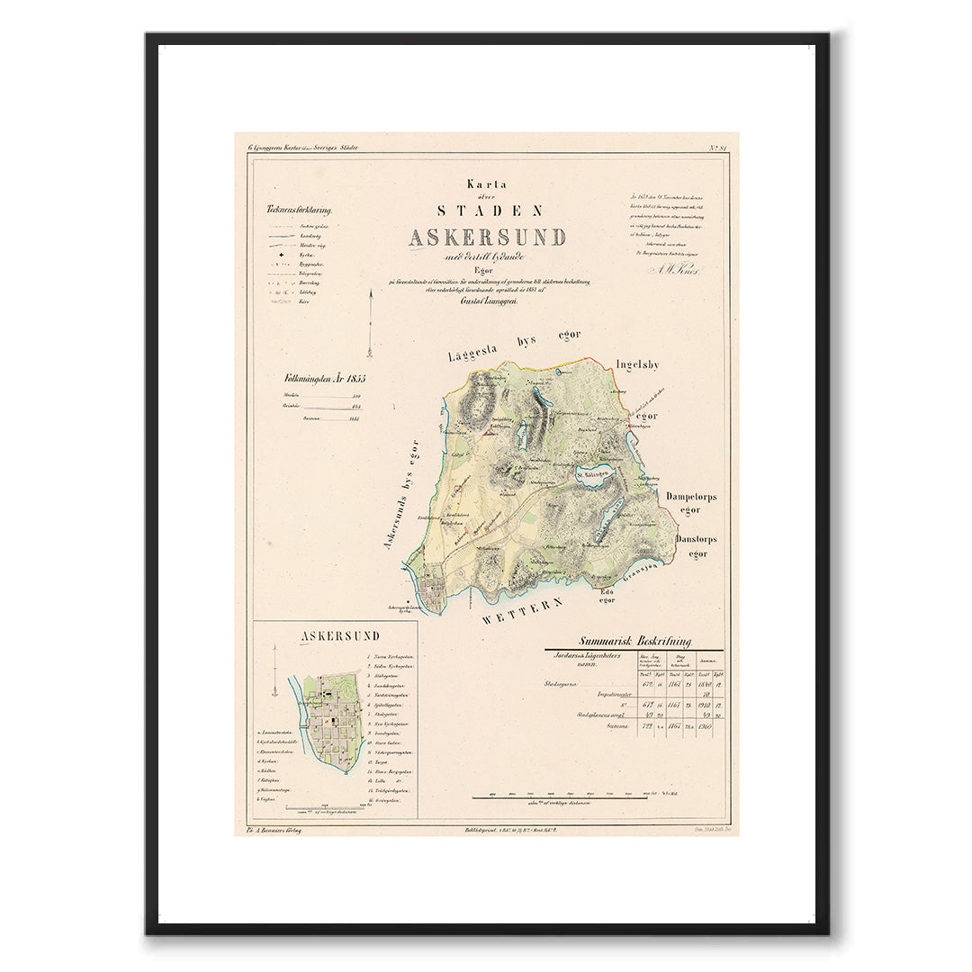 Poster med reproduktion av historisk karta över Askersund från Ljunggrens klassiska atlas.