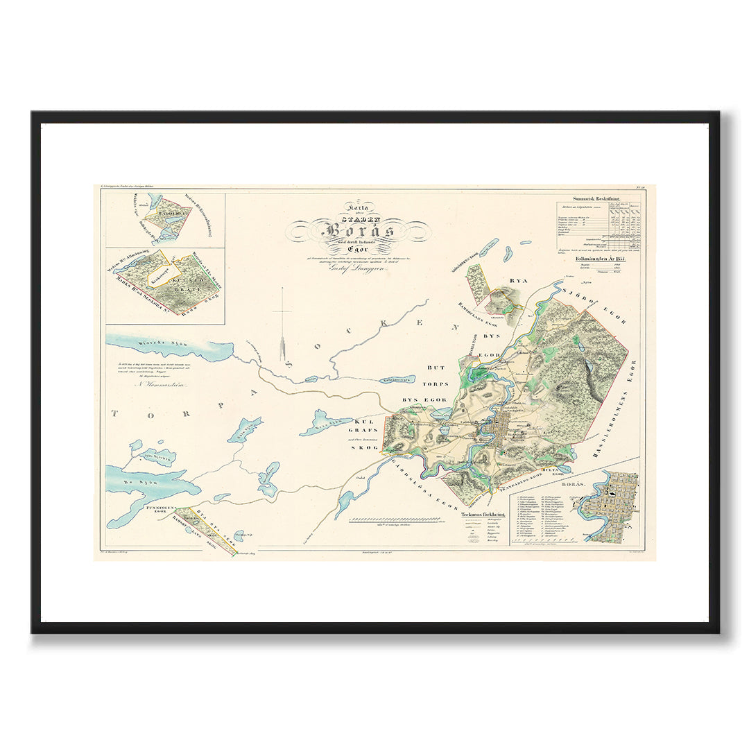 Poster med reproduktion av historisk karta över Borås från Ljunggrens klassiska atlas.