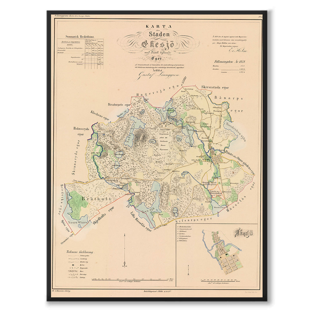 Poster med reproduktion av historisk karta över Eksjö från Ljunggrens klassiska atlas.