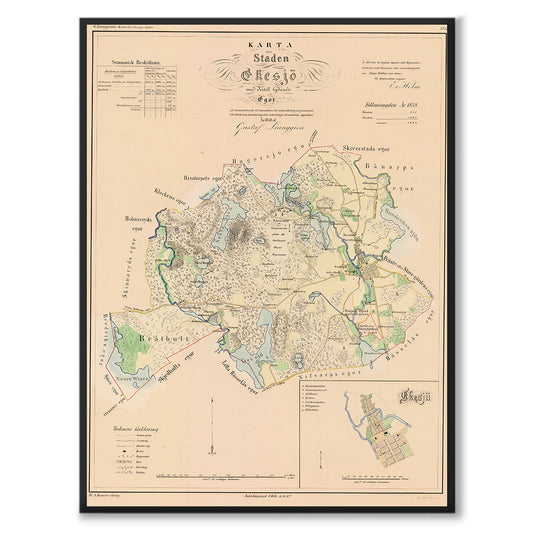 Poster med reproduktion av historisk karta över Eksjö från Ljunggrens klassiska atlas.