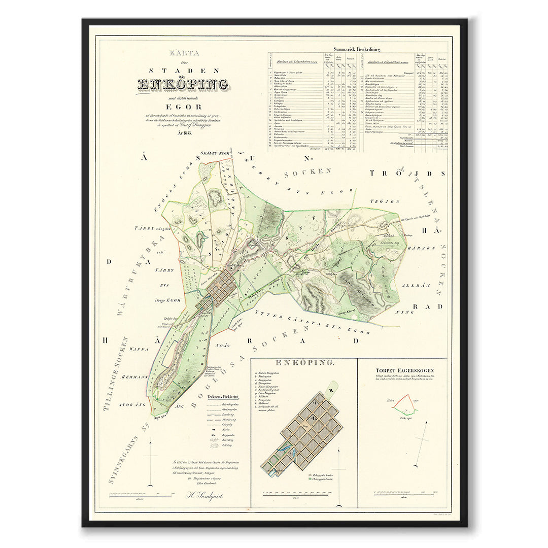 Poster med reproduktion av historisk karta över Enköping från Ljunggrens klassiska atlas.