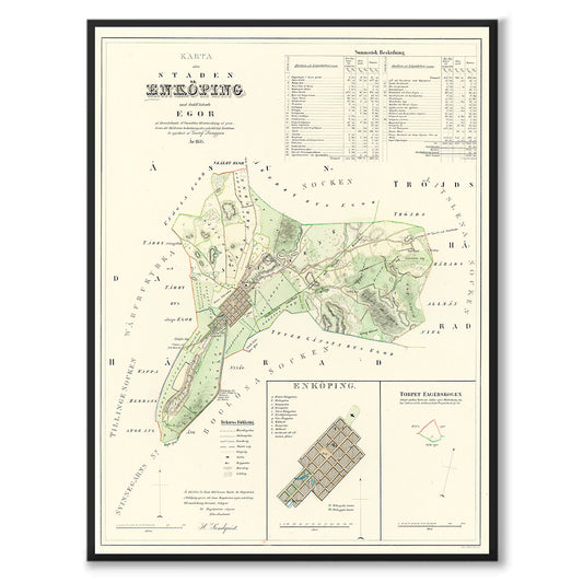 Poster med reproduktion av historisk karta över Enköping från Ljunggrens klassiska atlas.