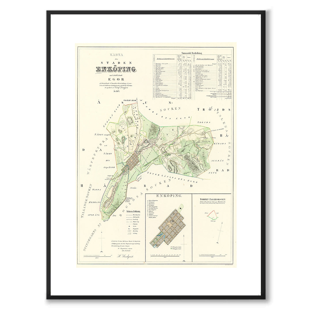 Poster med reproduktion av historisk karta över Enköping från Ljunggrens klassiska atlas.