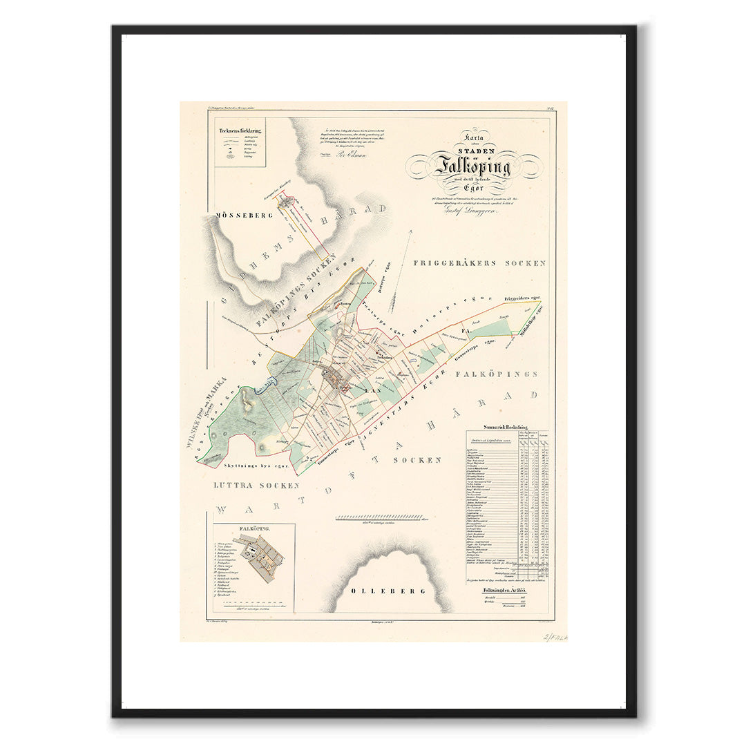 Poster med reproduktion av historisk karta över Falköping från Ljunggrens klassiska atlas.