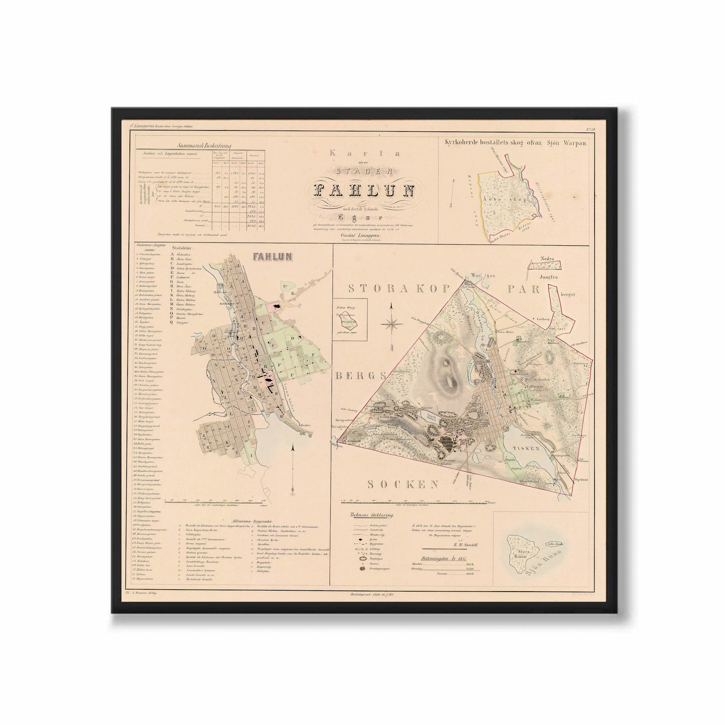 Poster med reproduktion av historisk karta över Falun från Ljunggrens klassiska atlas.