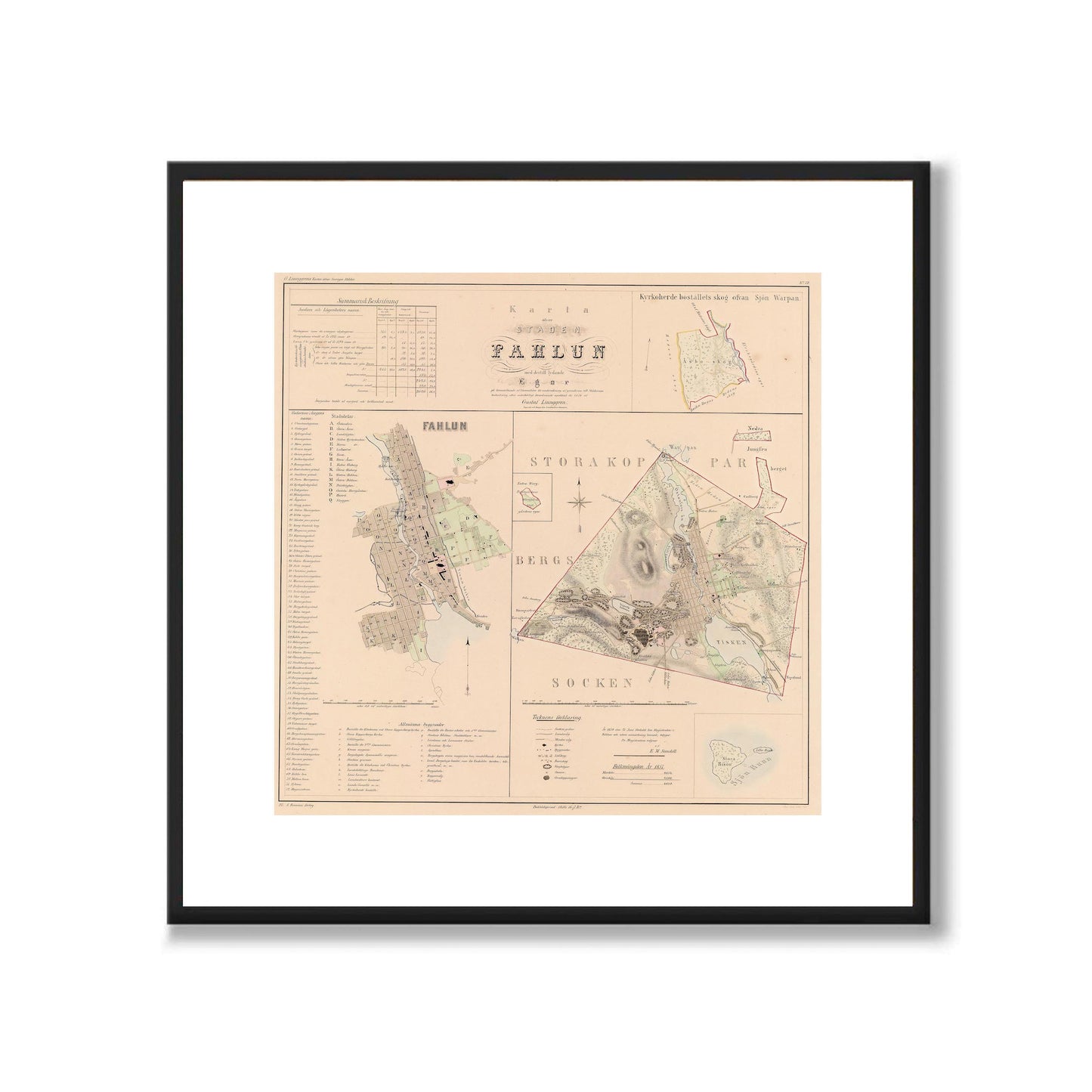 Poster med reproduktion av historisk karta över Falun från Ljunggrens klassiska atlas.