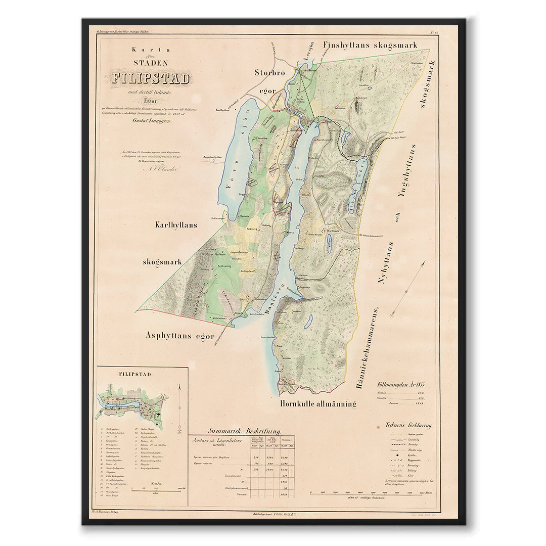 Poster med reproduktion av historisk karta över Filipstad från Ljunggrens klassiska atlas.