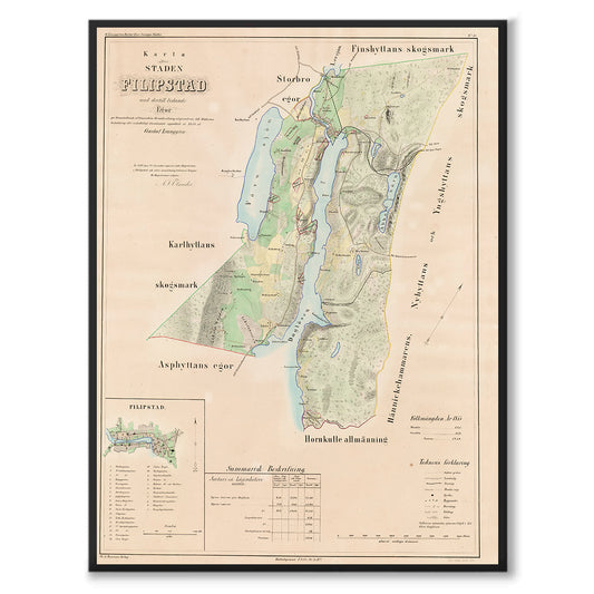 Poster med reproduktion av historisk karta över Filipstad från Ljunggrens klassiska atlas.