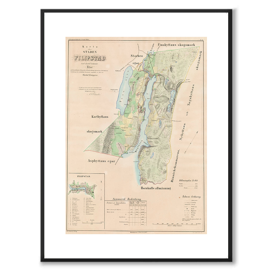 Poster med reproduktion av historisk karta över Filipstad från Ljunggrens klassiska atlas.