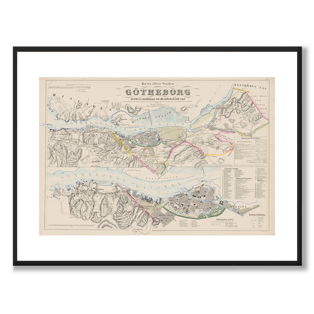 Poster med reproduktion av historisk karta över Göteborg från Ljunggrens klassiska atlas.