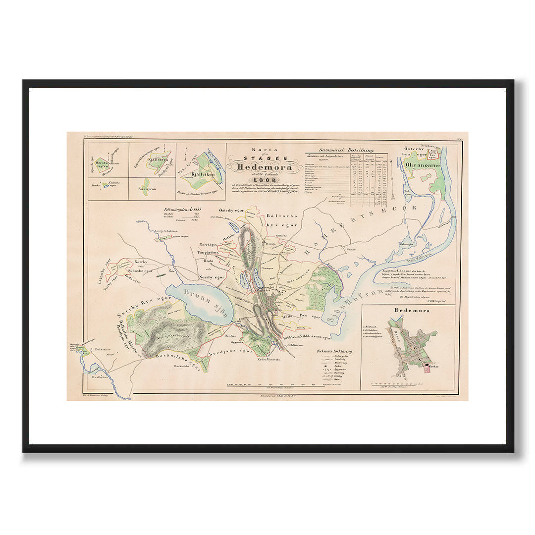 Poster med reproduktion av historisk karta över Hedemora från Ljunggrens klassiska atlas.