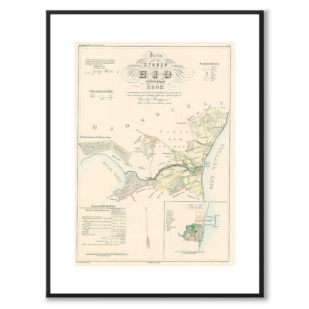 Poster med reproduktion av historisk karta över Hjo från Ljunggrens klassiska atlas.
