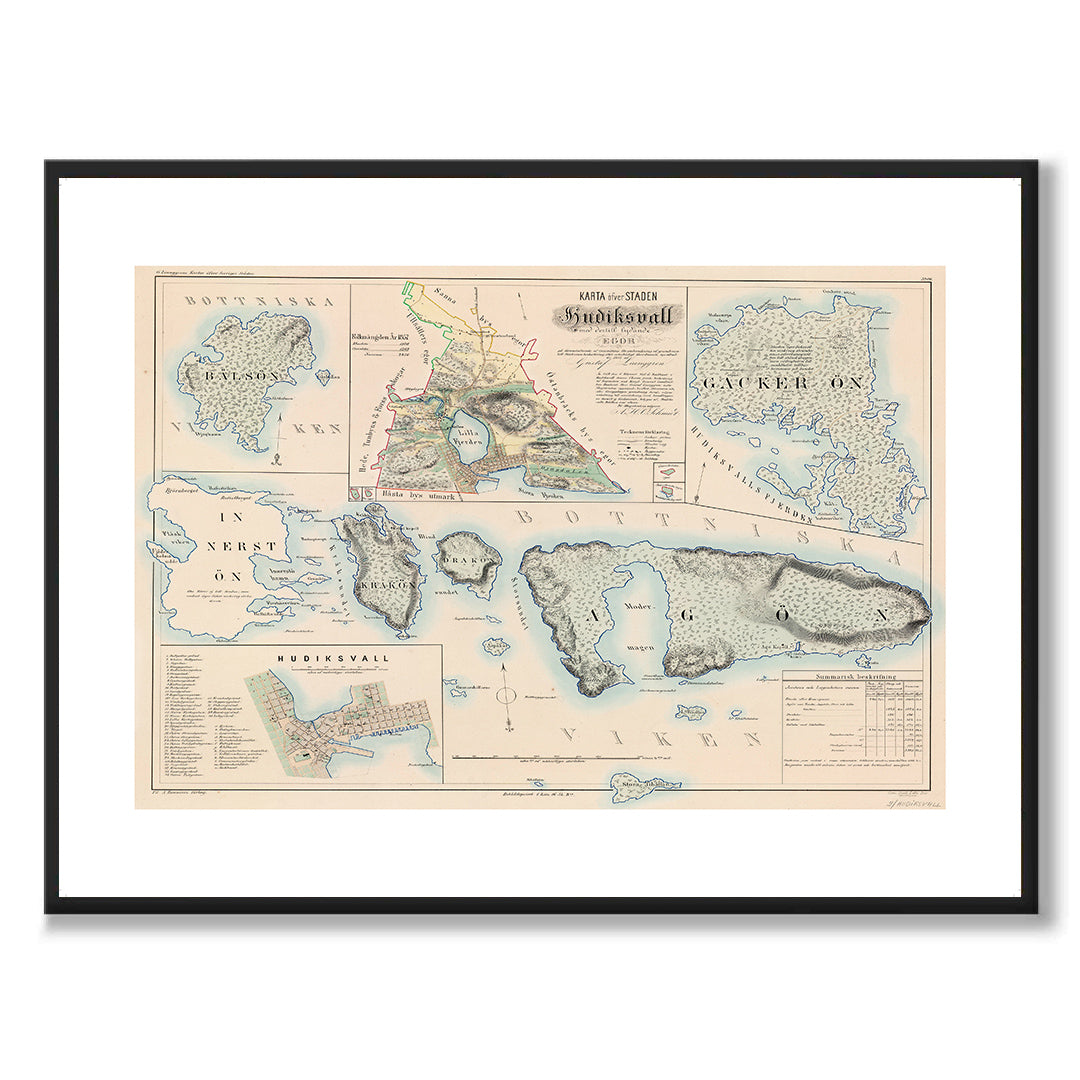 Poster med reproduktion av historisk karta över Hudiksvall från Ljunggrens klassiska atlas.