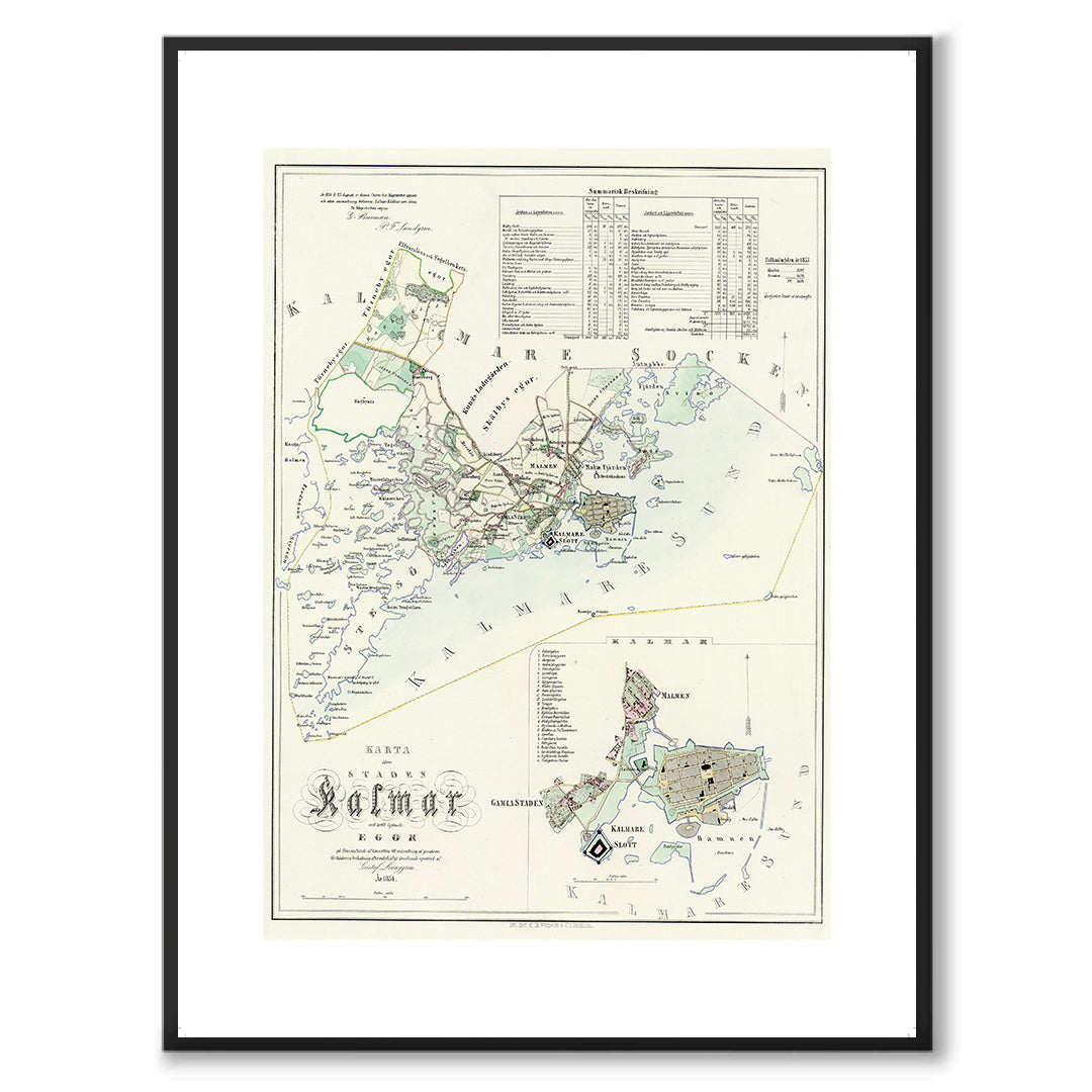 Poster med reproduktion av historisk karta över Kalmar från Ljunggrens klassiska atlas.