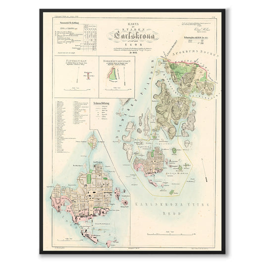 Poster med reproduktion av historisk karta över Karlskrona från Ljunggrens klassiska atlas.