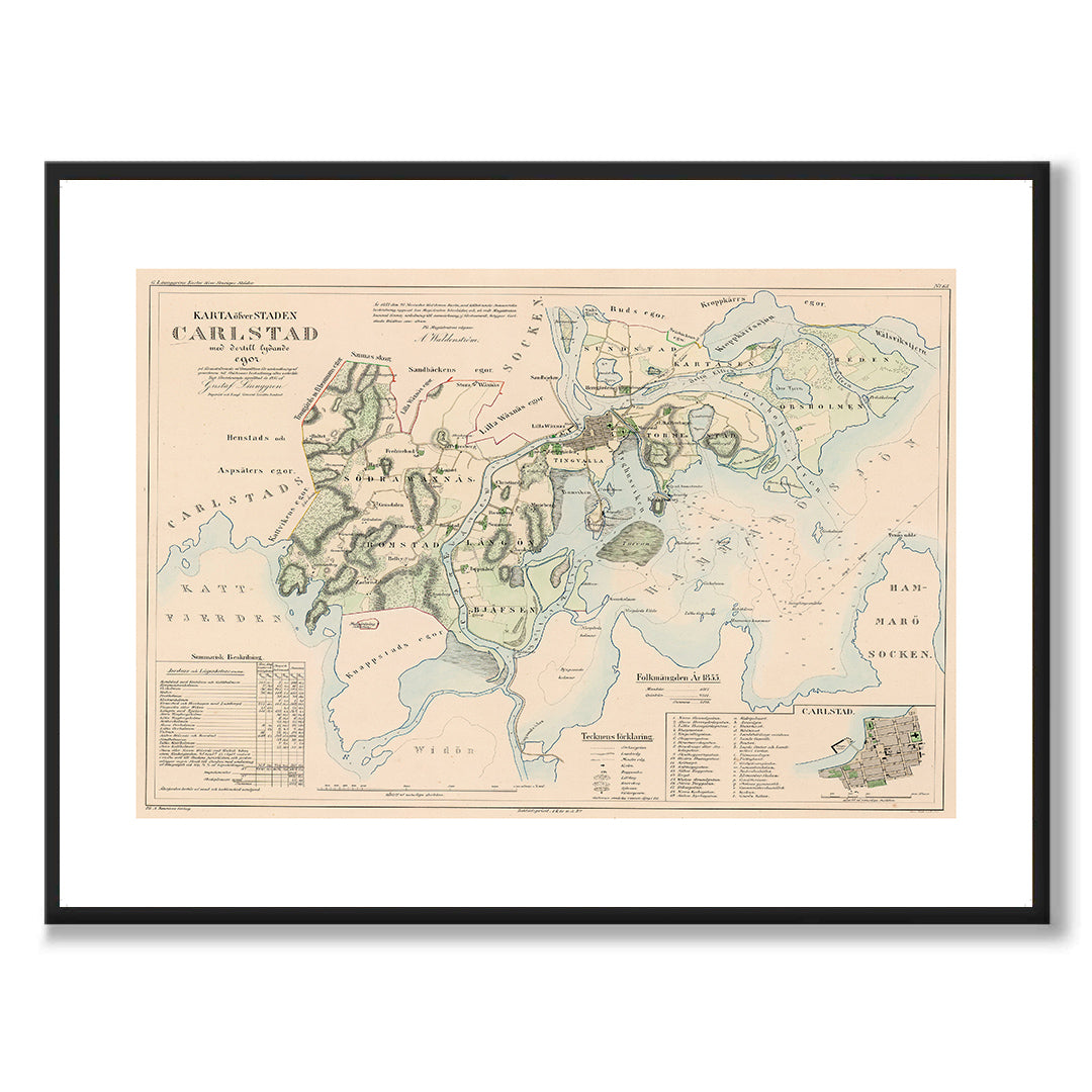 Poster med reproduktion av historisk karta över Karlstad från Ljunggrens klassiska atlas.
