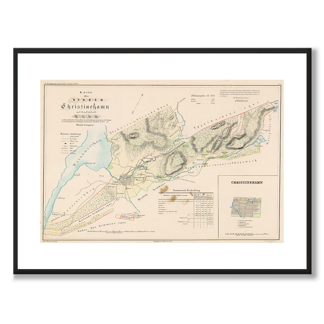 Poster med reproduktion av historisk karta över Kristinehamn från Ljunggrens klassiska atlas.