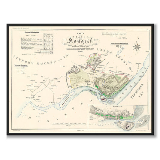 Poster med reproduktion av historisk karta över Kungälv från Ljunggrens klassiska atlas.