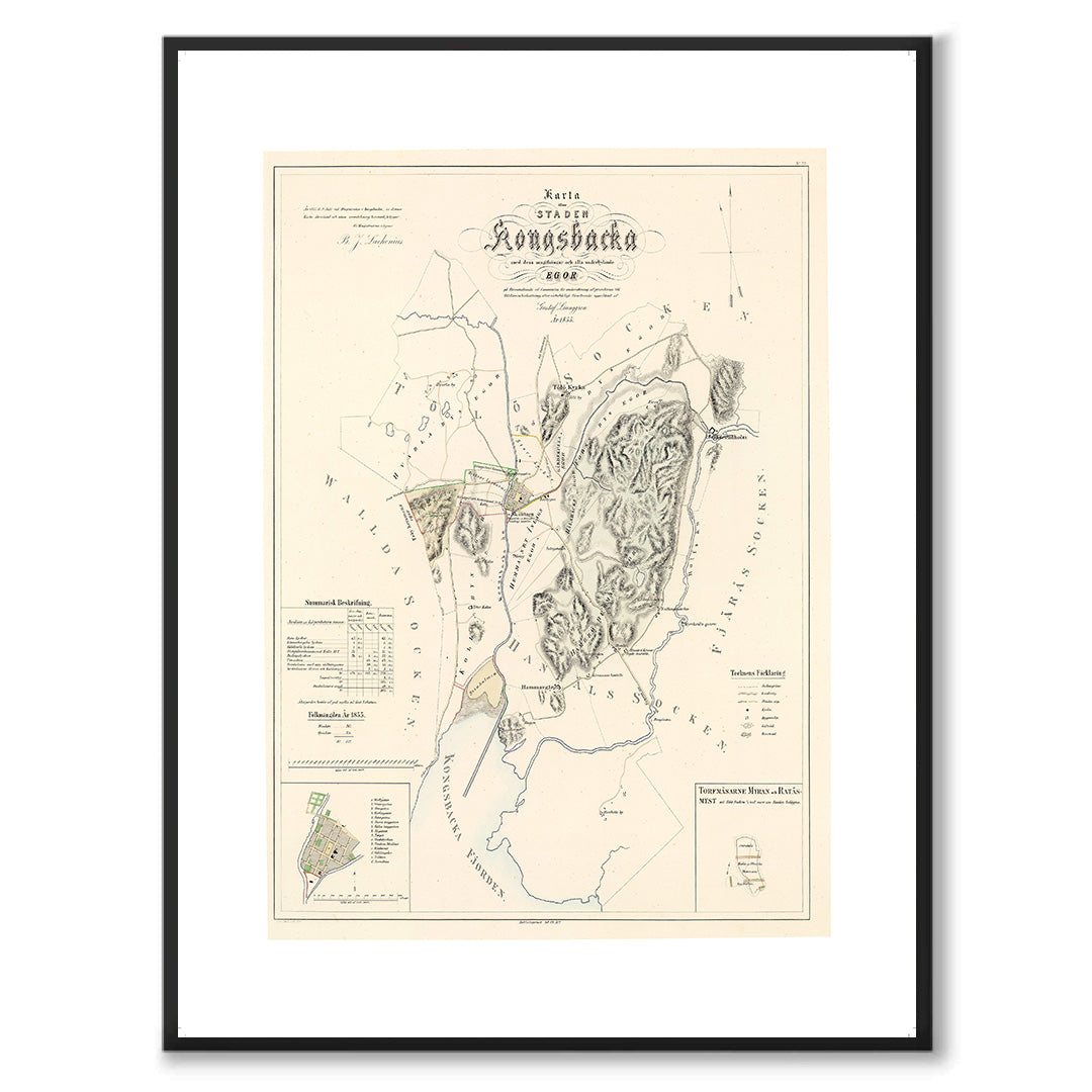 Poster med reproduktion av historisk karta över Kungsbacka från Ljunggrens klassiska atlas.