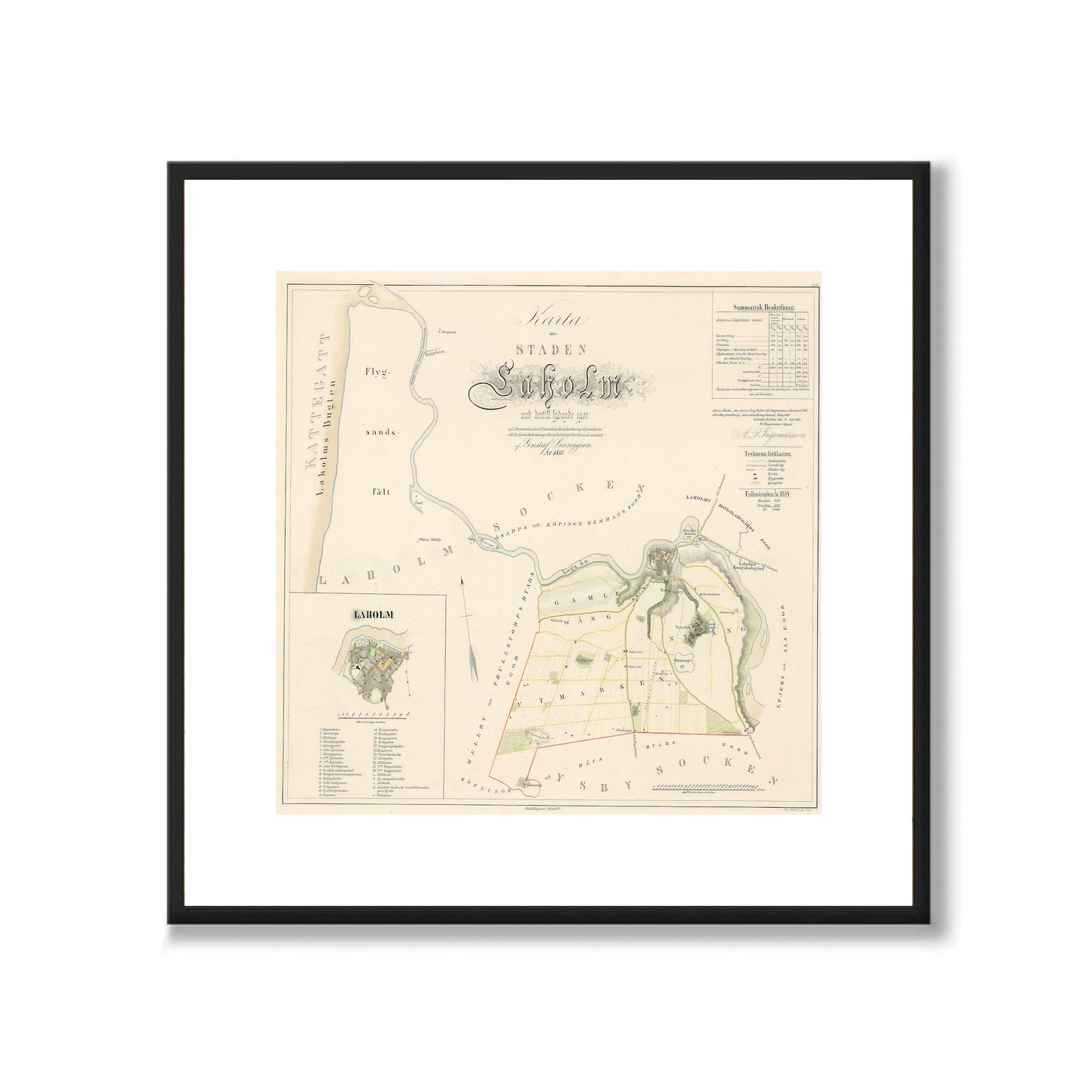 Poster med reproduktion av historisk karta över Laholm från Ljunggrens klassiska atlas.