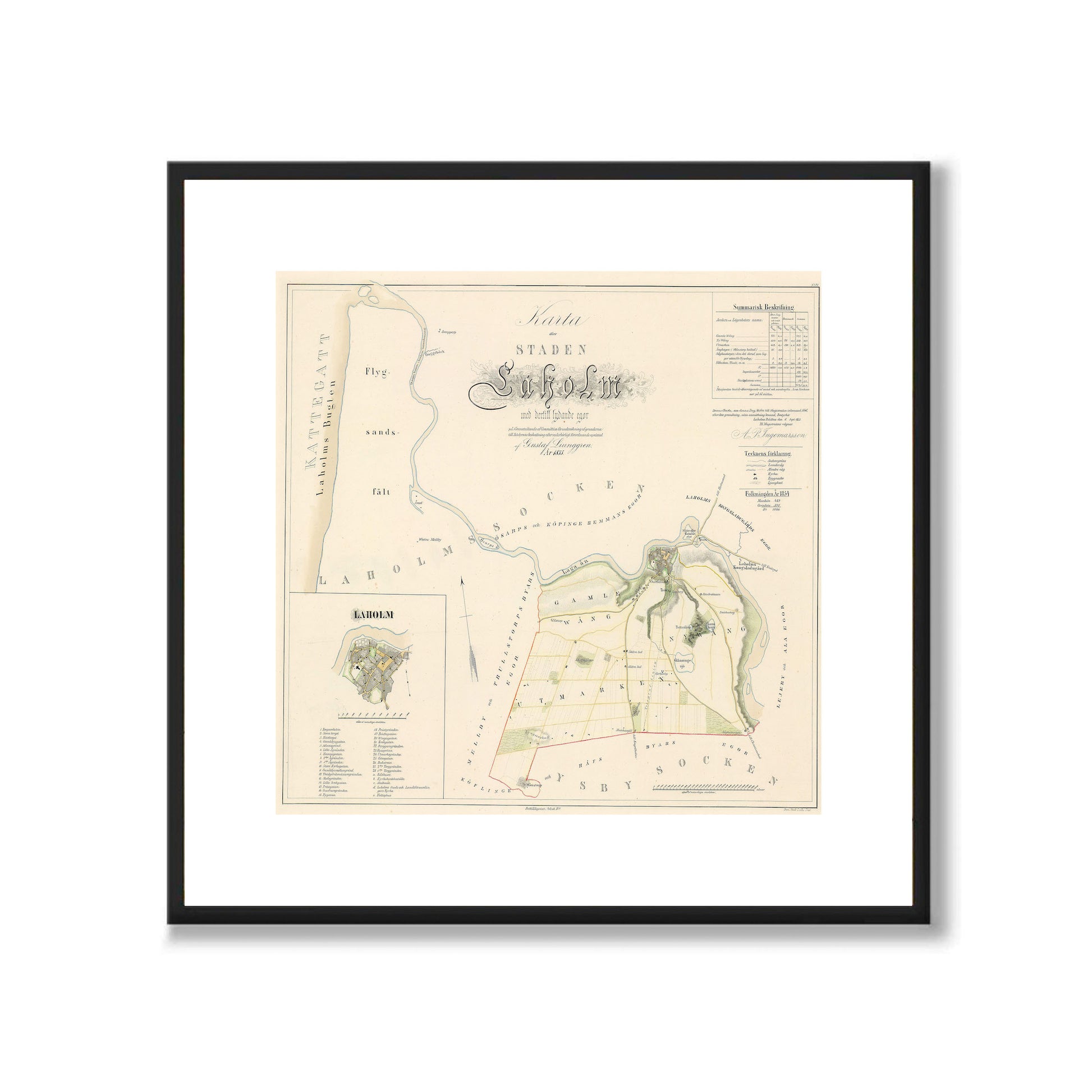 Poster med reproduktion av historisk karta över Laholm från Ljunggrens klassiska atlas.