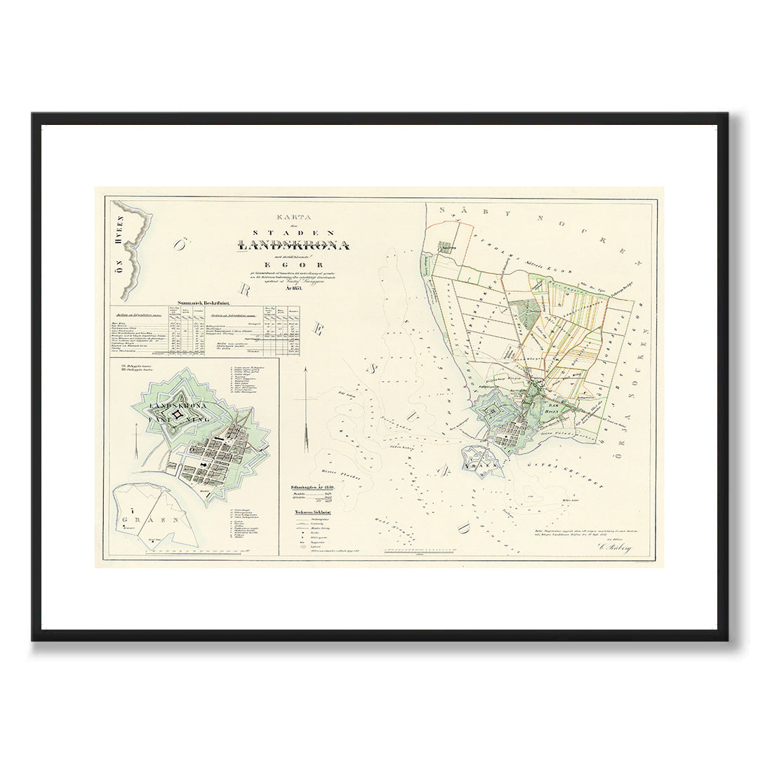 Poster med reproduktion av historisk karta över Landskrona från Ljunggrens klassiska atlas.