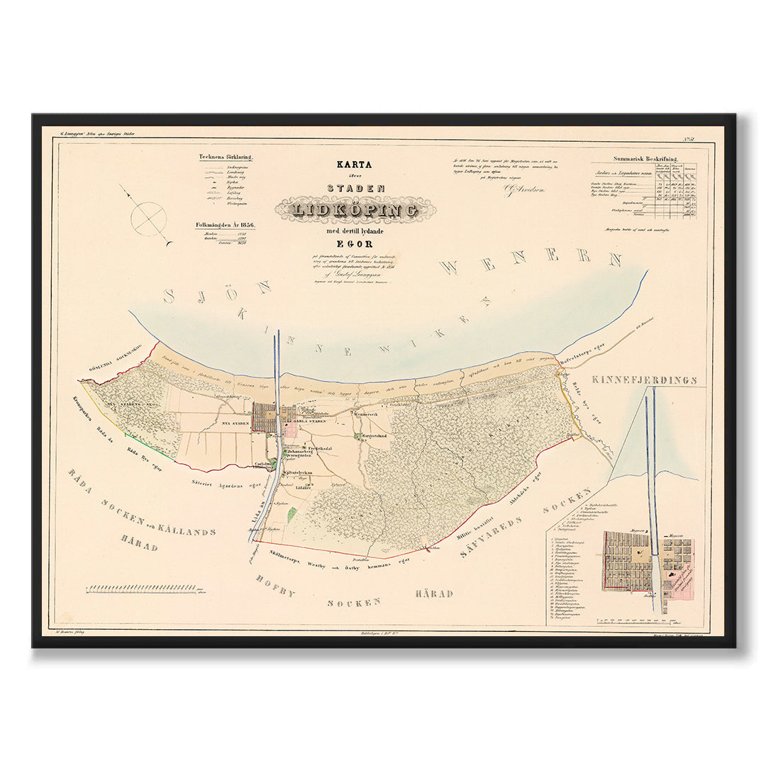 Poster med reproduktion av historisk karta över Lidköping från Ljunggrens klassiska atlas.