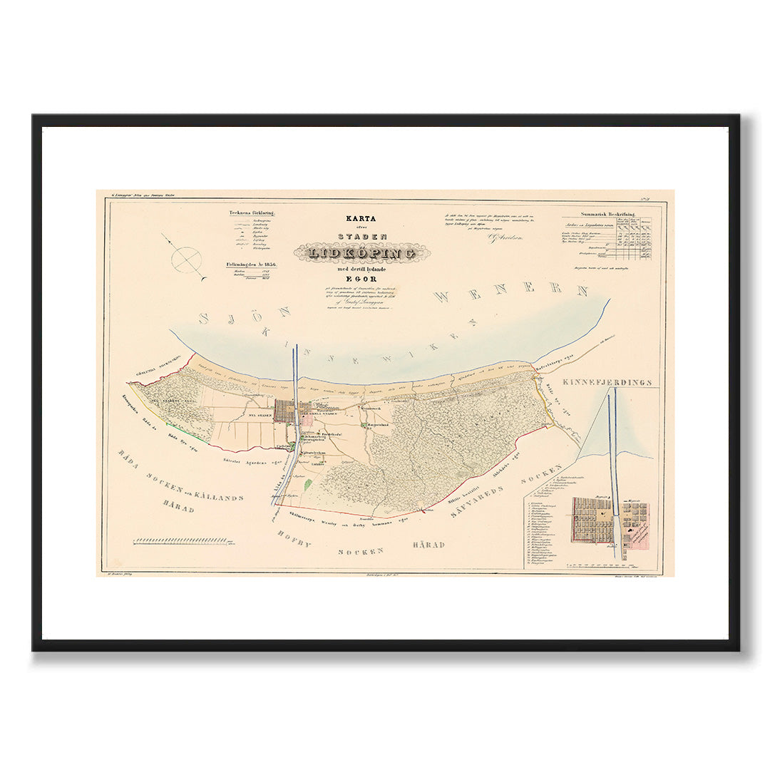 Poster med reproduktion av historisk karta över Lidköping från Ljunggrens klassiska atlas.