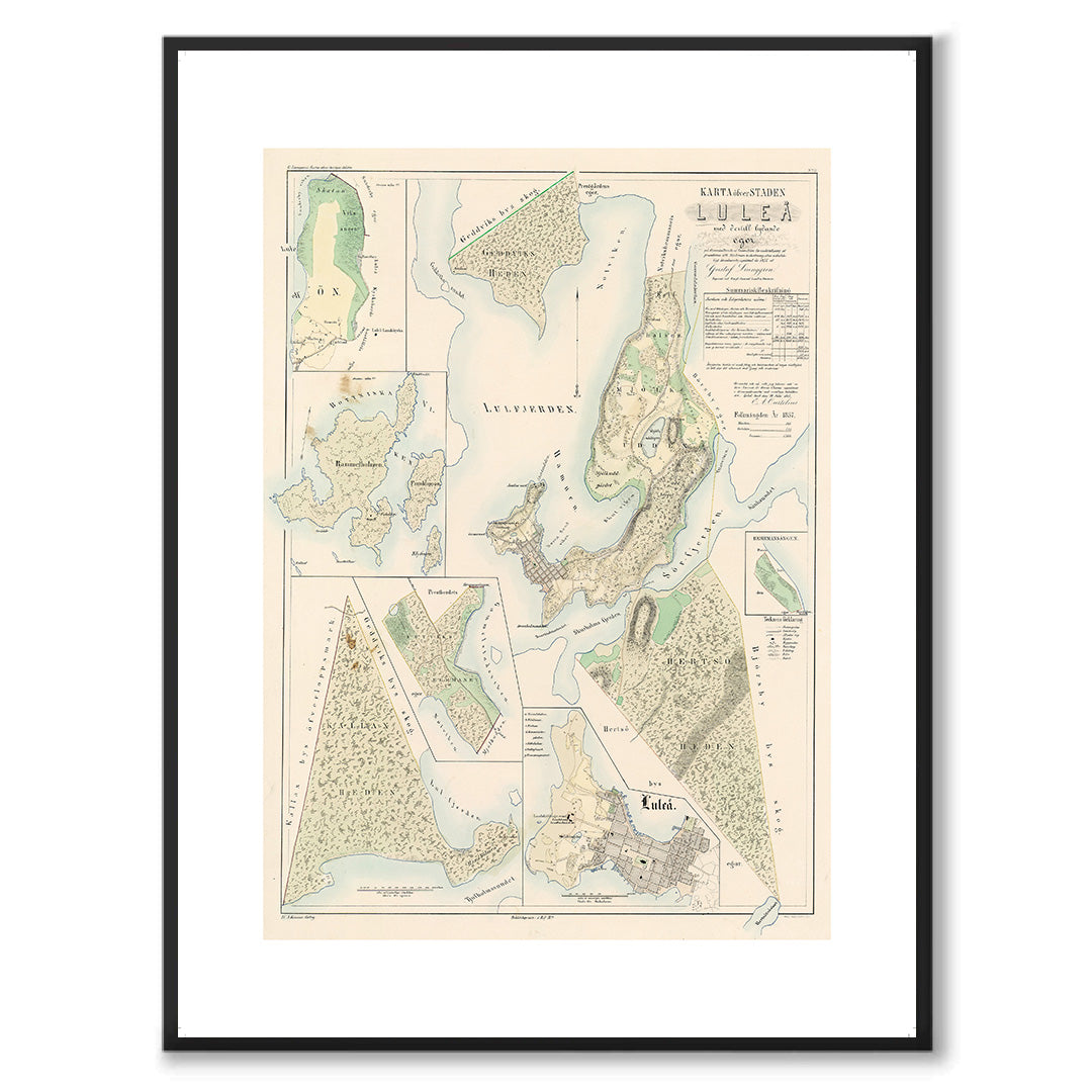 Poster med reproduktion av historisk karta över Luleå från Ljunggrens klassiska atlas.