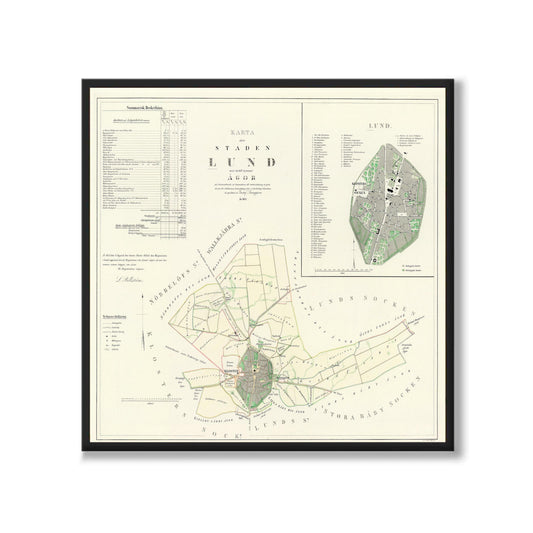 Poster med reproduktion av historisk karta över Lund från Ljunggrens klassiska atlas.