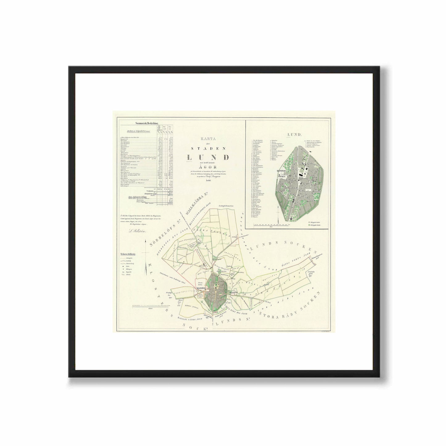Poster med reproduktion av historisk karta över Lund från Ljunggrens klassiska atlas.