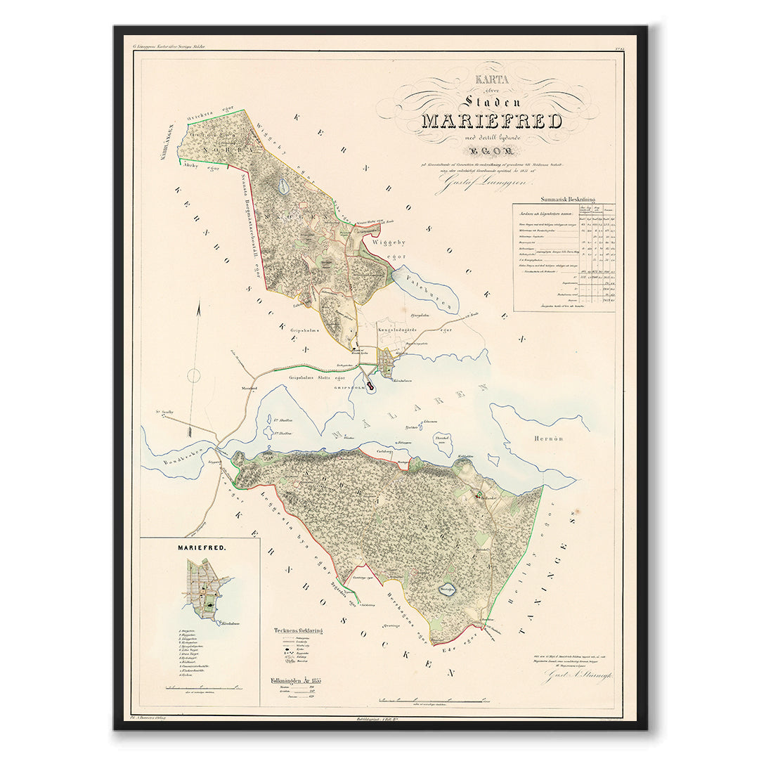 Poster med reproduktion av historisk karta över Mariefred från Ljunggrens klassiska atlas.