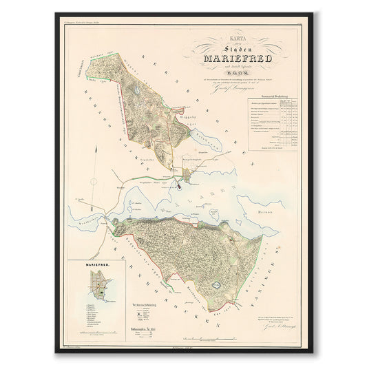 Poster med reproduktion av historisk karta över Mariefred från Ljunggrens klassiska atlas.