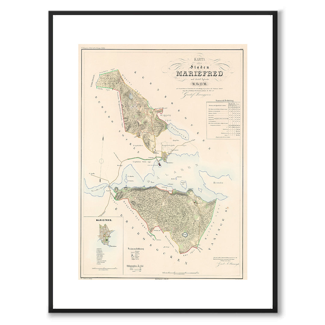 Poster med reproduktion av historisk karta över Mariefred från Ljunggrens klassiska atlas.