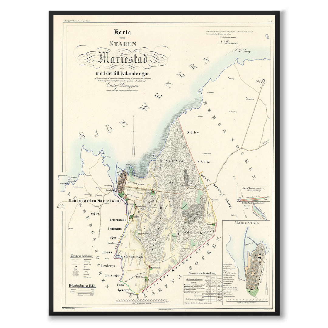 Poster med reproduktion av historisk karta över Mariestad från Ljunggrens klassiska atlas.