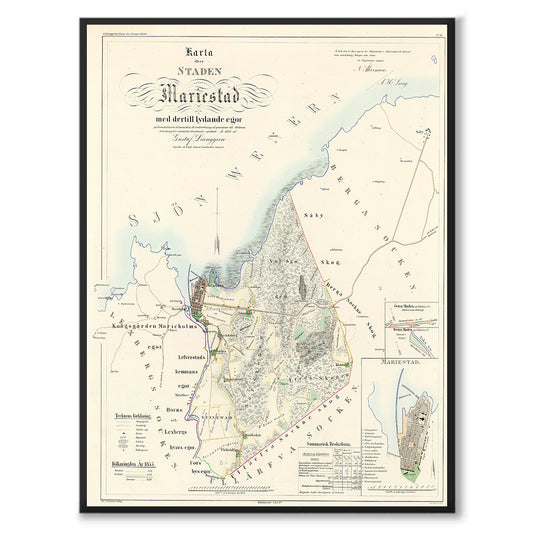 Poster med reproduktion av historisk karta över Mariestad från Ljunggrens klassiska atlas.