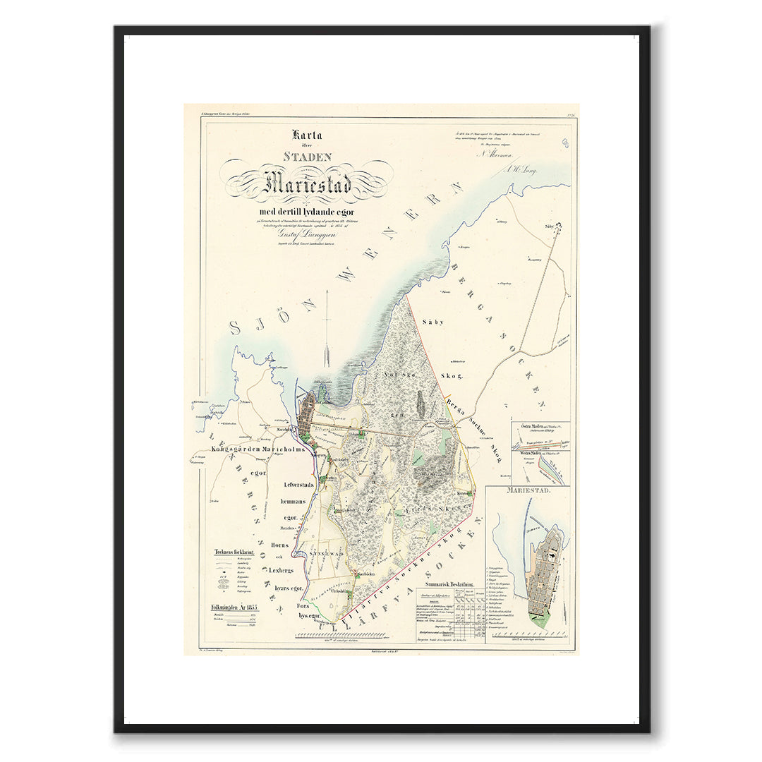 Poster med reproduktion av historisk karta över Mariestad från Ljunggrens klassiska atlas.