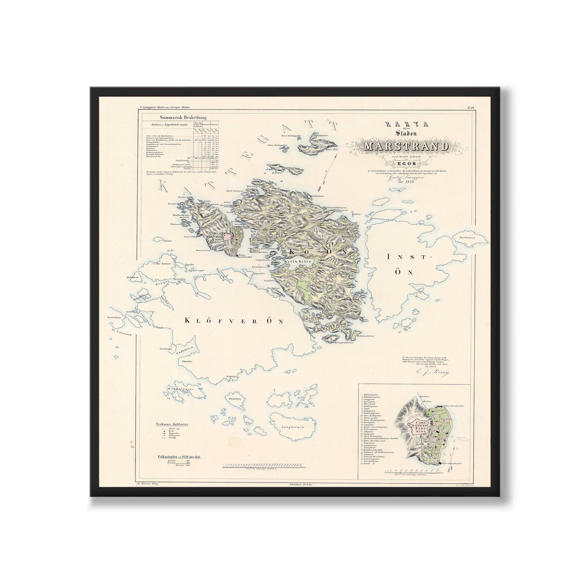 Poster med reproduktion av historisk karta över Marstrand från Ljunggrens klassiska atlas.