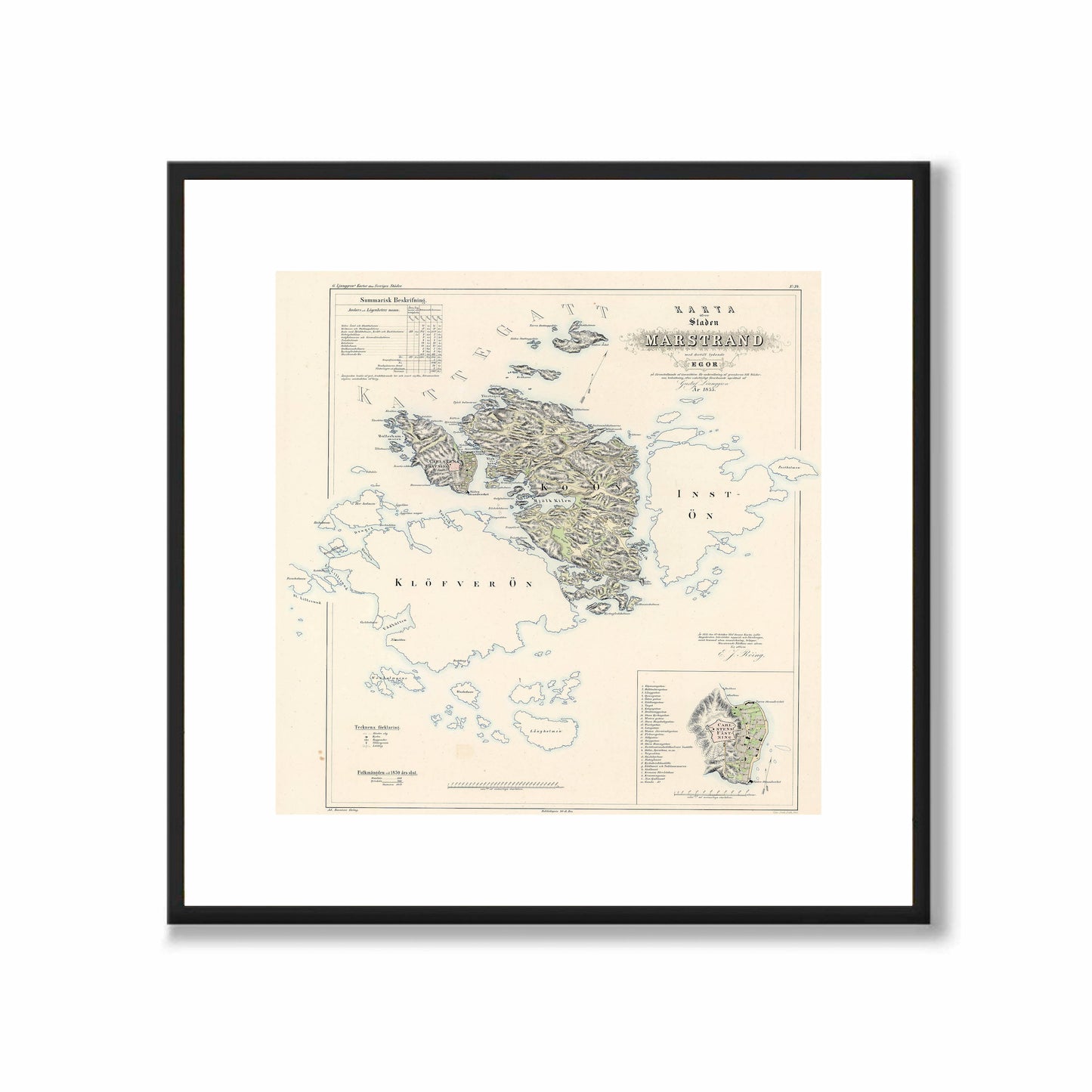 Poster med reproduktion av historisk karta över Marstrand från Ljunggrens klassiska atlas.