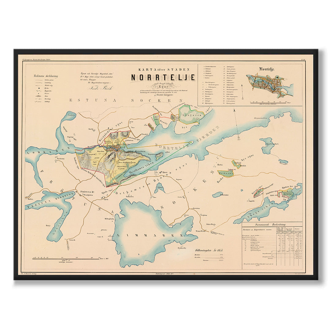 Poster med reproduktion av historisk karta över Norrtälje från Ljunggrens klassiska atlas.