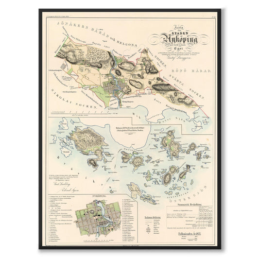 Poster med reproduktion av historisk karta över Nyköping från Ljunggrens klassiska atlas.