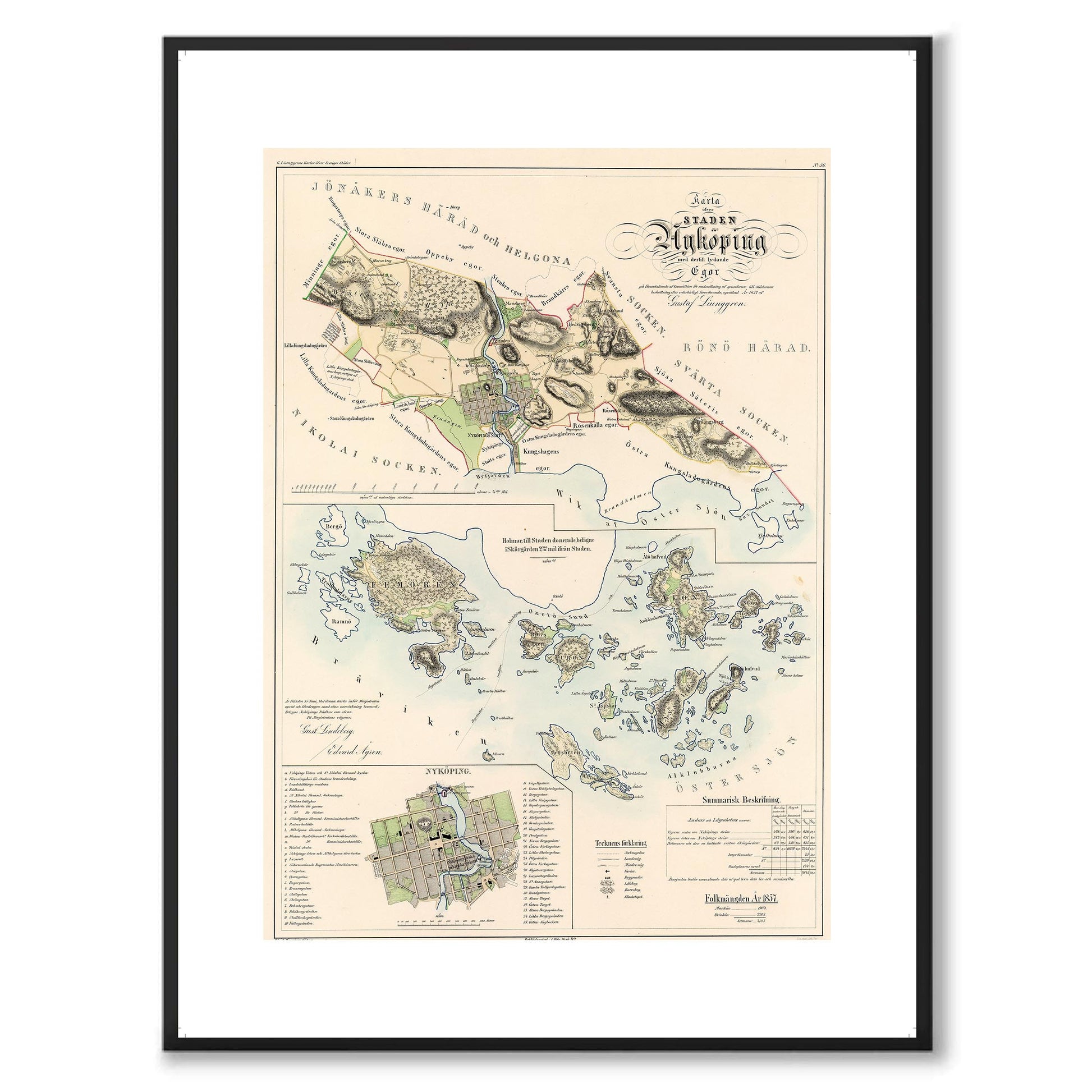 Poster med reproduktion av historisk karta över Nyköping från Ljunggrens klassiska atlas.