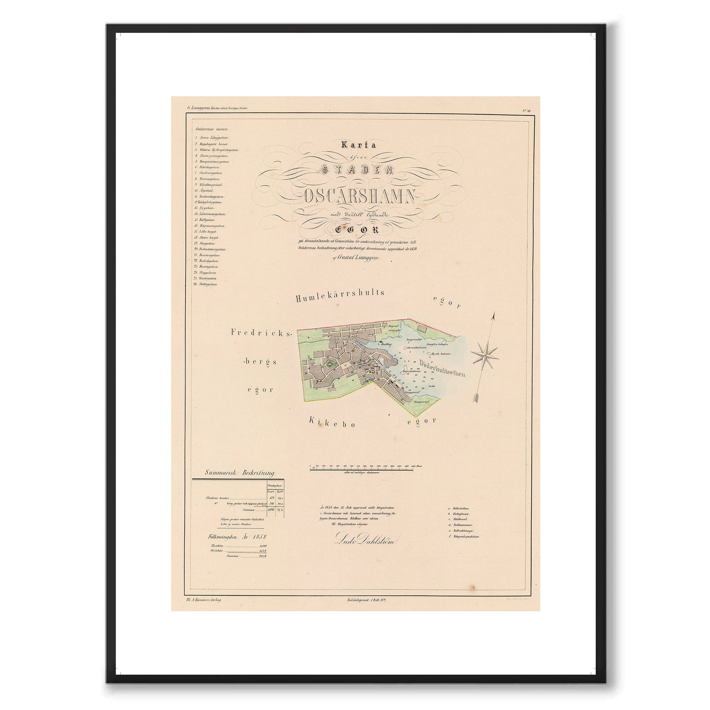 Poster med reproduktion av historisk karta över Oskarshamn från Ljunggrens klassiska atlas.