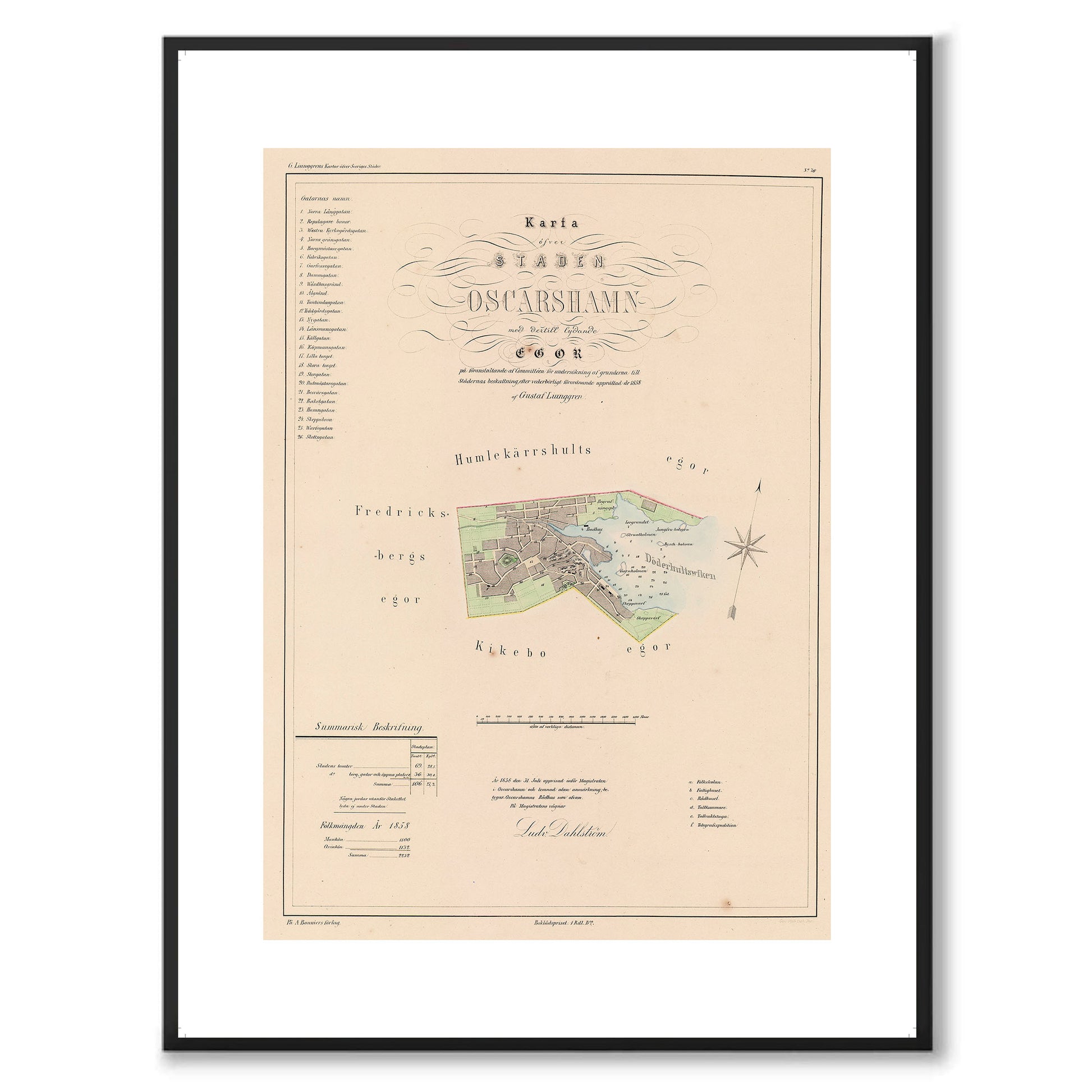 Poster med reproduktion av historisk karta över Oskarshamn från Ljunggrens klassiska atlas.